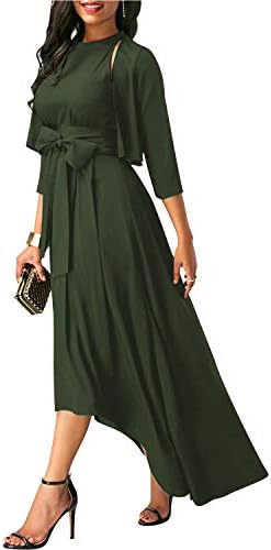 SOLERSUN Women's Elegant Jacket+Belt+Dress Formal Asymmetrical Long Dresses for Summer