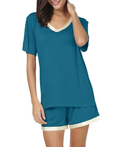 Invug Women Short Sleeve T Shirt and Shorts Pajamas Sleepwear Set Loungewear Peacock Blue L