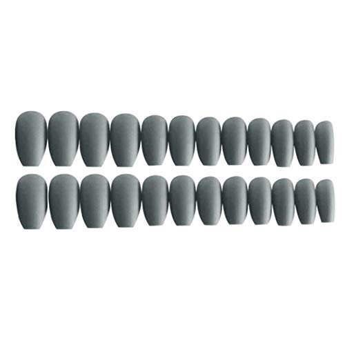 24pcs Pure Color Coffin Nails Matte False Gel Nails Art Tips Sets Full Cover Medium False Nails for Ballerina Cosplay Office Lady (Gray)