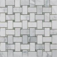 Bianco Carrara White Marble Polished Basketweave Mosaic Tile with Ming Green Dots - Box of 5 sq. ft. by Marble 'n things