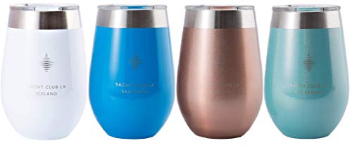 Yacht Club LX 12 oz Insulated Stemless Wine Glass Tumblers with Velvet Wrapped Pouches (Vacation Collection, Set of 4)