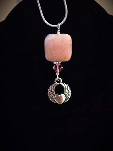 Pink Natural Opal Gemstone Winged Heart Charm Pendant with Chain