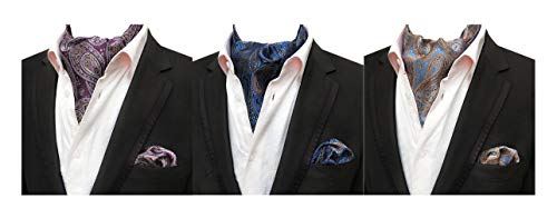 MOHSLEE Men 3PCS Formal Wedding Paisley Cravat Ascot Scarf Tie Pocket Square Set