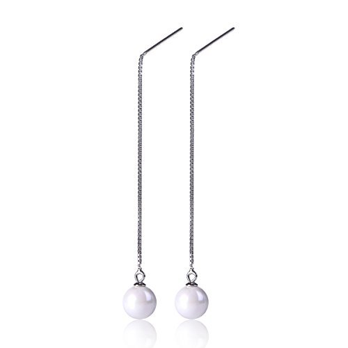 Nuwastone Top Freshwater Pearl Tassel Threader Earrings Sterling Silver Round Pearl Long Chain Earrings