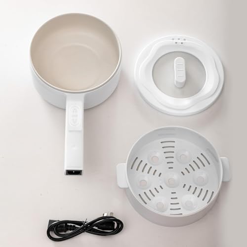 TINYPANDA Electric Hot Pot, 1.8 Liter Multifunctional Portable Cooking Pot, 700 Watt Instant Noodle Hot Pot, Non-Stick Skillet for Steak, Eggs, Ramen, Oatmeal with Dual Power Adjustment (White double layer)