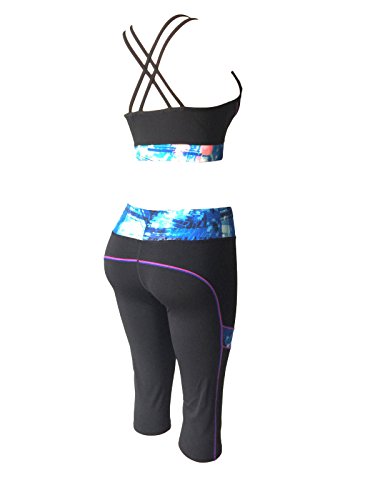 Women Gym Yoga Workout Activewear Sets Unpadded Sports Bra Top + Crop Leggings 2 Pieces Set (M/L, Blue/Pink Black Mix)