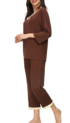 Invug Women 3/4 Long Sleeve Shirt Pants Set Sleepwear V Neck Long Pajamas Loungewear Coffee S - Thumbnail 3
