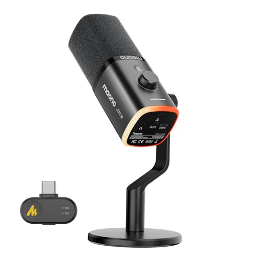 MAONO PD100W Micrófono dinámico Inalámbrico USB con receptor tipo C, batería de 40h, botón de silencio, cancelación de ruido, software, RGB, micrófono para pc gamer, stream, grabación, juegos, podcast