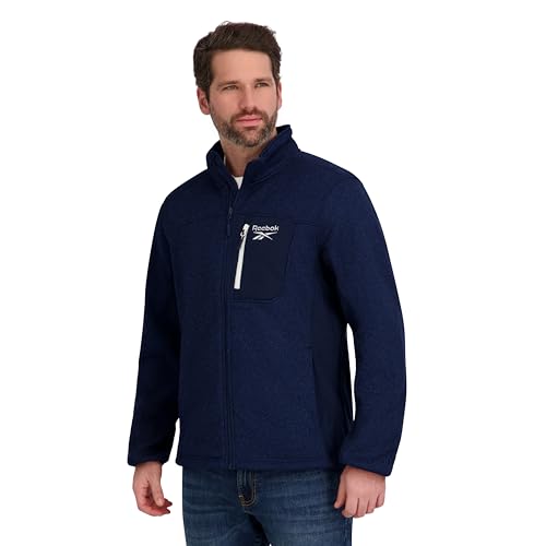 Reebok Mens Mock Neck Zip-Up Textured Fleece Shell Jacket, Batik Blue, L
