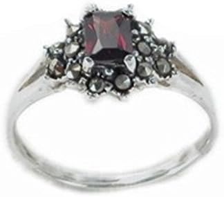 Size 10 Emerald Cut Garnet Cubic Zirconia and Marcasite Flower Ring