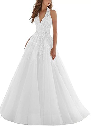 Women's Ball Gown V Neck Tulle Beaded Wedding Dresses for Bride Formal Bridal Gowns