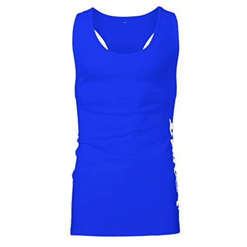 SSYUNO Men's New Summer Round Neck Sports Vest Cotton Printed I-Shaped Training Tank Top Blue - Thumbnail 3