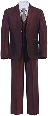 Boys Toddler Kid Teen 5-Piece Shiny Formal Dress Suit w/ Vest Size 2-20 - Multi Colors (4, Burgandy)