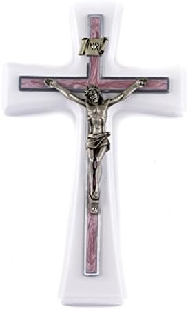 7" White Crucifix, Blue Pearlized Epoxy Cross Overly, 3" Pewter Corpus