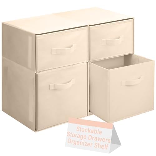 Photo 1 of Weysat 4 Cube Stackable Linen Closet Organizers and Storage Foldable Closet Drawer Organizer Bins Fabric Under Dorm Bed Storage Container for Clothes Toys Dorm Bedroom Living Room Nursery Shelf(Beige)