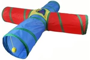 Dr. Fluffyyes Cat Toys - 4-Way Tunnel for Indoor Cats with Peek Hole & 2 Mice - Large Foldable Rainbow Tube with Hanging Ball for Kittens, Rabbits, Small Dogs - Ideal Cat Toy