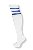 NeonNation Unisex White Knee High Team Tube Socks w/Three Various Colored Stripes (White w/Royal Blue Stripes)