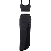 ZAFUL Women's Casual Sleeveless Summer Solid Marled Crop Top and Draped Ruched Maxi Skirt Set Two Piece Dress