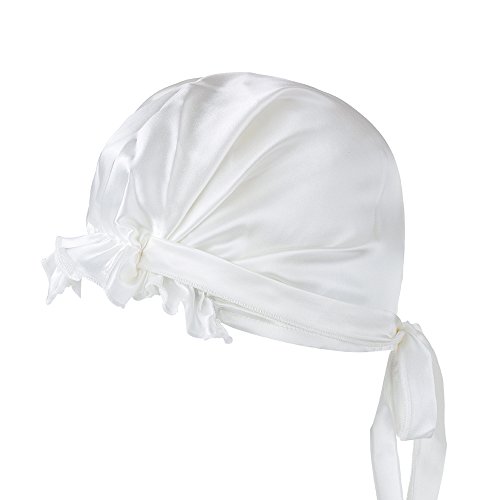 LULUSILK 100% Mulberry Silk Night Sleep Cap Adjustable Head Cover Bonnet with Ribbons Style for Women Hair Beauty(White)