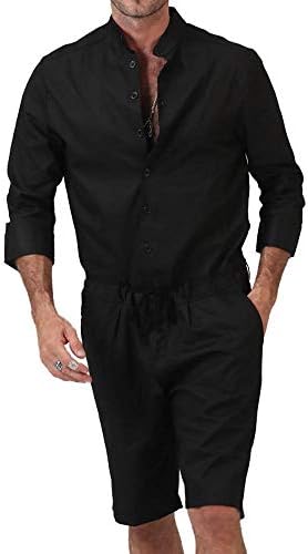Gafeng Mens Romper Jumpsuit Shorts 3/4 Sleeve Casual Button Down Workout Hippie Summer Elastic Waist Overalls