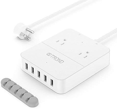 TROND 2-Outlet Power Strip with USB Charger (5-Port, 40W/8A), Angled Flat Plug, Dual Power Switches & LEDs, 5ft Long Cord, for Home, Office & Hotel, White