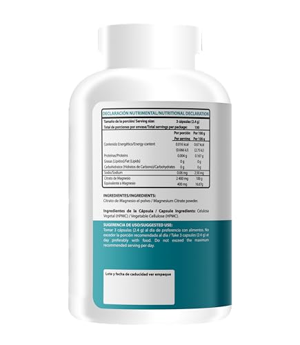 Wellthy Citrato de Magnesio Premium 300 Cápsulas 400mg. 100% Natural, Cápsulas Veganas, 100 Días de Consumo.