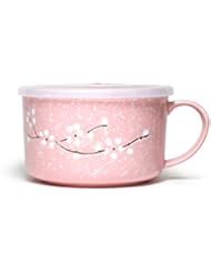 Microwavable Ceramic Noodle Bowl with Handle and Seal Fine Porcelain Sakura Snow Flake Floral Design (BlossomPink)