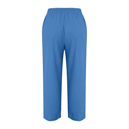 Linen Trousers Womens Drawstring Elastic Waist Wide Leg Trousers for Women UK Plus Size Loose Fit Ladies Lounge Pants with Pockets Lightweight Casual Holiday Beach Pants Sky Blue