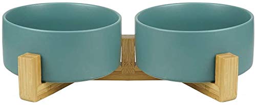 double ceramic bowls for cats and small dogs 5" each in bamboo, 2x400ml raised and raised from the ground with non-slip base (DOUBLE 12.8 CM, GREEN)