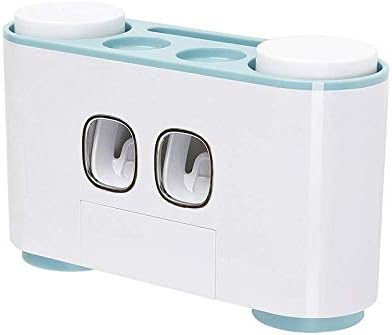 Dustproof Toothbrush Holder Toothpaste Dispenser and Dustproof Cup Combination Wall Mount Bathroom Storage Accessories Set (Blue)