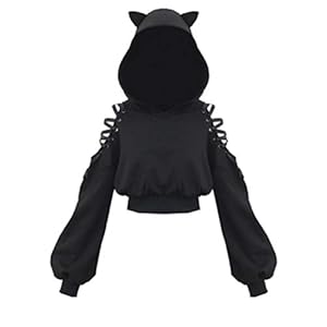 Womens Kat Oren Zwarte Hoodie Lange Mouw Sweatshirt Leuke Casual Hollow Out Pullover Korte Tops Blouse Crop