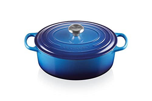 Le Creuset Signature Gusseisen-Bräter mit Deckel, Ø 31 cm, Oval, Für alle Herdarten und Induktion geeignet, Volumen: 6,3 l, 5,705 kg, Azure, 211783122