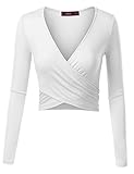 Doublju Deep V-Neck Fitted Surplice Wrap Crop Top (Plus size available) WHITE SMALL