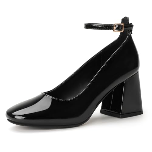 IDIFU Womens Black Closed Toe Chunky Heels Low Block Ankle Strap Pumps 9 at Amazon