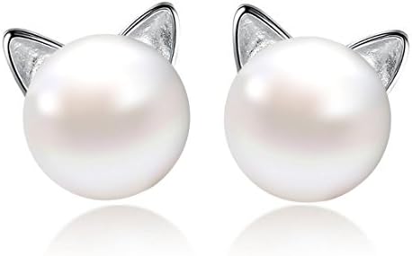 Cute Cat Earrings Sterling Silver Plated Imitation Pearl Stud Earrings for Women Girls
