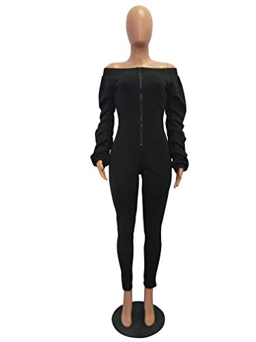 Ophestin Women Solid Long Sleeve Off Shoulder Zipper Front Sexy Jumpsuits Rompers Long Rompers Black XL