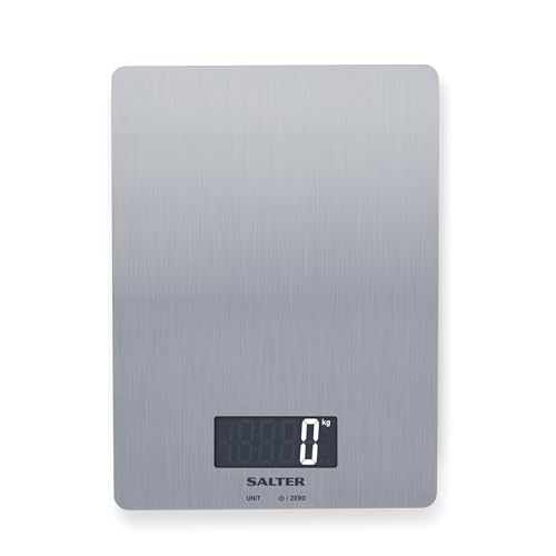 Salter Digitale Küchenwaage Edelstahl – 5 kg Kapazität, LCD Display, Aquatronic Flüssigkeitsmessung (ml/fl.oz), Tara-Funktion, kompakt & schlank, metrisch/imperial