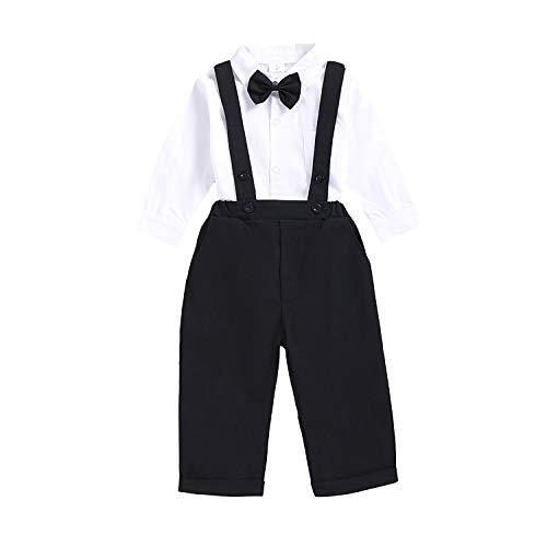 Baby Boys Gentleman Outfit Set, Infant Plain Shirt+Bowtie +Suspenders Pants for Toddler Casual Formal Wedding Birthday Party (White Long Sleeve Plain Black Pants, 6-9 Months)