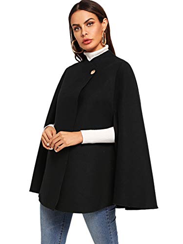 MakeMeChic Women's Button Front Cloak Sleeve Elegant Cape Mock Poncho Classy Plaid Print Cape Coat Black 6 M - Thumbnail 6