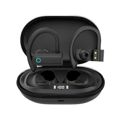 Fone de Ouvido com bateria de longa duração, Bluetooth Esportivo, Gancho de Orelha, com Microfone, Display Digital, Estojo de Carregamento, Preto