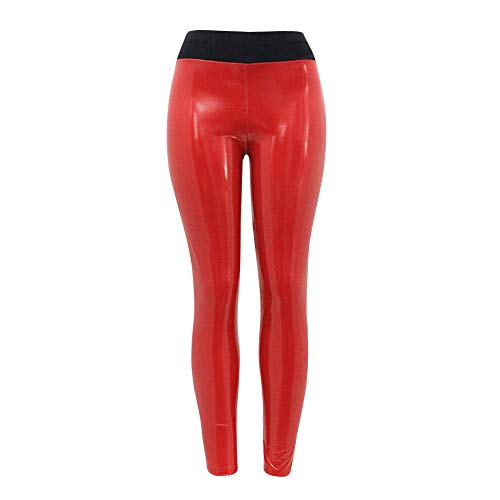 JOFOW Womens Pencil Pants Artificial Patent Leather Straight Leg Casual Stretch Skinny Fashion Slim Long Cropped Leggings (S =US:0-2,Red)