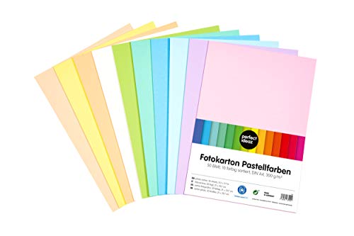 perfect ideaz - 50 Blatt Fotokarton DIN-A4, 10 Pastell-Farben, 300 g/m², Made in Germany, Blauer Engel zertifiziert