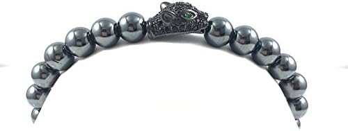 Men's Hematite Bead Bracelet with Black CZ Panther Station Bead 7.5"
