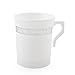 PARTY BARGAINS 8 oz Royalty White Silver Rimmed Plastic Coffee Cups with Handles - [32 Pack] Disposable Plastic White Tea Cups, for Weddings, Bridal Showers, Engagement Parties, Camping