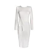Women Casual Stretchy O-Neck Long Sleeve Fold Slim Pencil Dress,White,Medium