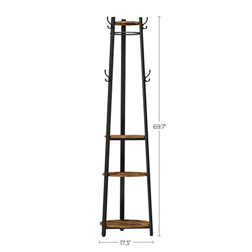 VASAGLE Coat Rack, Coat Stand with 6 Hooks, 3 Round Shelves, Steel
