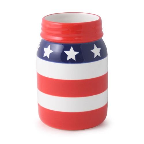 Patriotic Red White and Blue American Flag Ceramic Mason Jar Vase, 6 Inch
