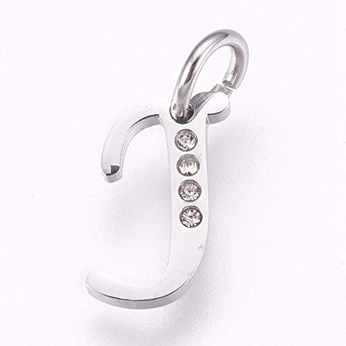 DanLingJewelry 304 Stainless Steel 10pcs Rhinestone Slide Charms Assorted Alphabet Charm Pendant Loose Beads Letter J Pieces(10.5x14x1.5mm,Hole:4mm)