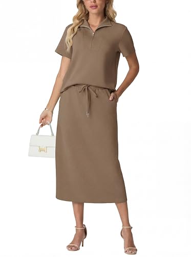 GRECERELLE Tracksuit Full Set for Women Summer Loungewear Sets for Women Two Piece Outfits Short Sleeve Half Zipper Casual Tee and Midi Skirt with