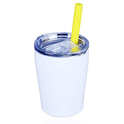 Colorful PoPo Kids Stainless Steel Cup Lovely Small Rambler Tumbler, Double Wall Vacuum Insulated Water Bottle with Lid and Silicone Straw, 8.5 OZ (1, White)